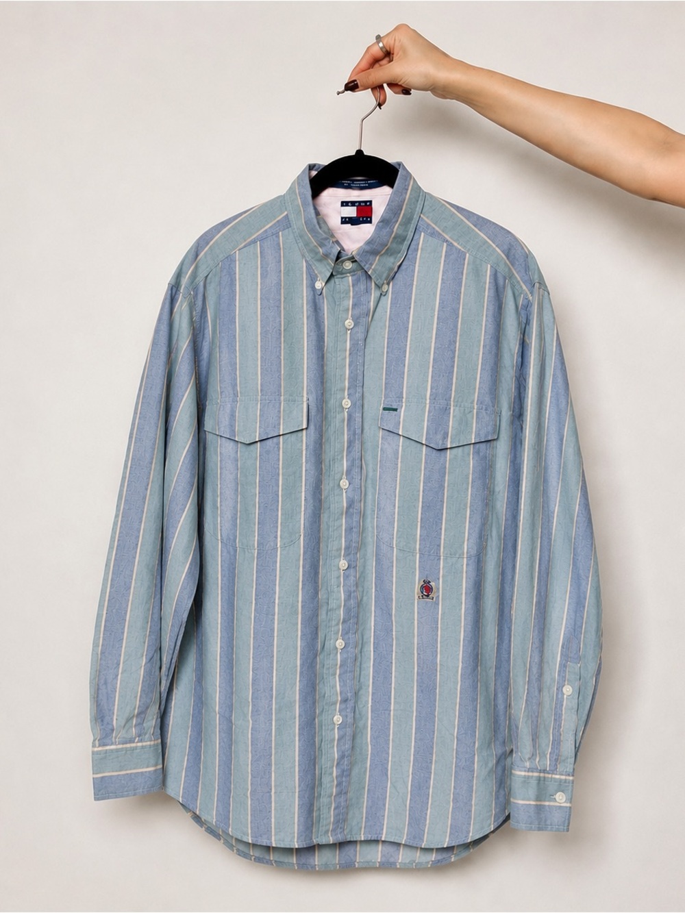 Vintage 90s Tommy Hilfiger Blue and Greeb Vertical Stripe Button-Down Shirt